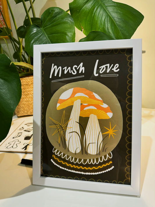 A4 Framed 'Mush Love' - Mushroom Themed Art Print (White Frame)