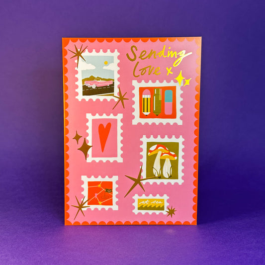 Gold Foiled Sending Love Stamp Themed Card - Birthday Anniversary Valentine's Card (Pink Version)