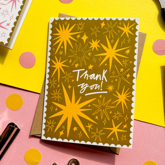 Cute Thank You Card - Fireworks and Stars (Green Version)