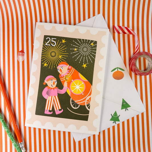 Cute Fun Circus Themed Christmas Card - Stamp Theme: Funny Elves in Cannon