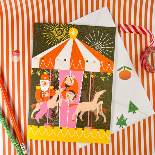 Cute Fun Circus Themed Christmas Card - Christmas Fair Carousel