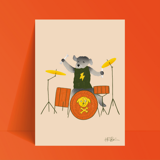 The Rolling Bones Dog Themed Art Print | A4 | Cute Dog-Drummer Themed Print