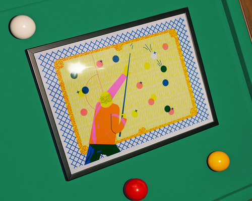 Hand printed screen print artwork mockup, framed on a green snooker table, print is of man playing colourful game of snooker or pool, potluck!