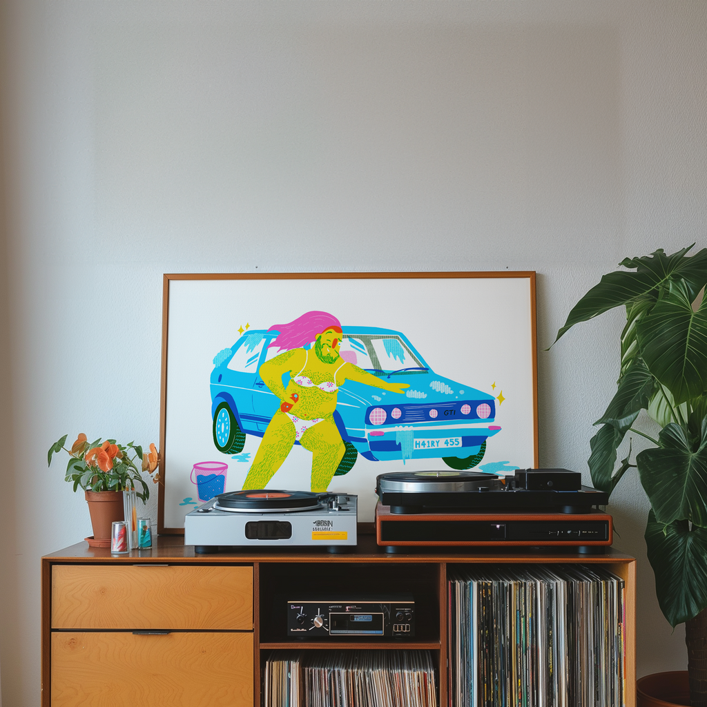Wooden cabinet with vinyl records, record player, and framed artwork of a hairy man cleaning a blue car.
