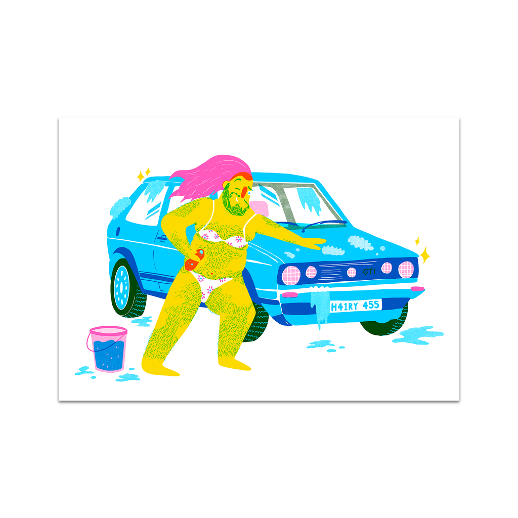 Colorful illustration of a hairy man with long pink hair washing a vintage Golf GTI, risograph printed.