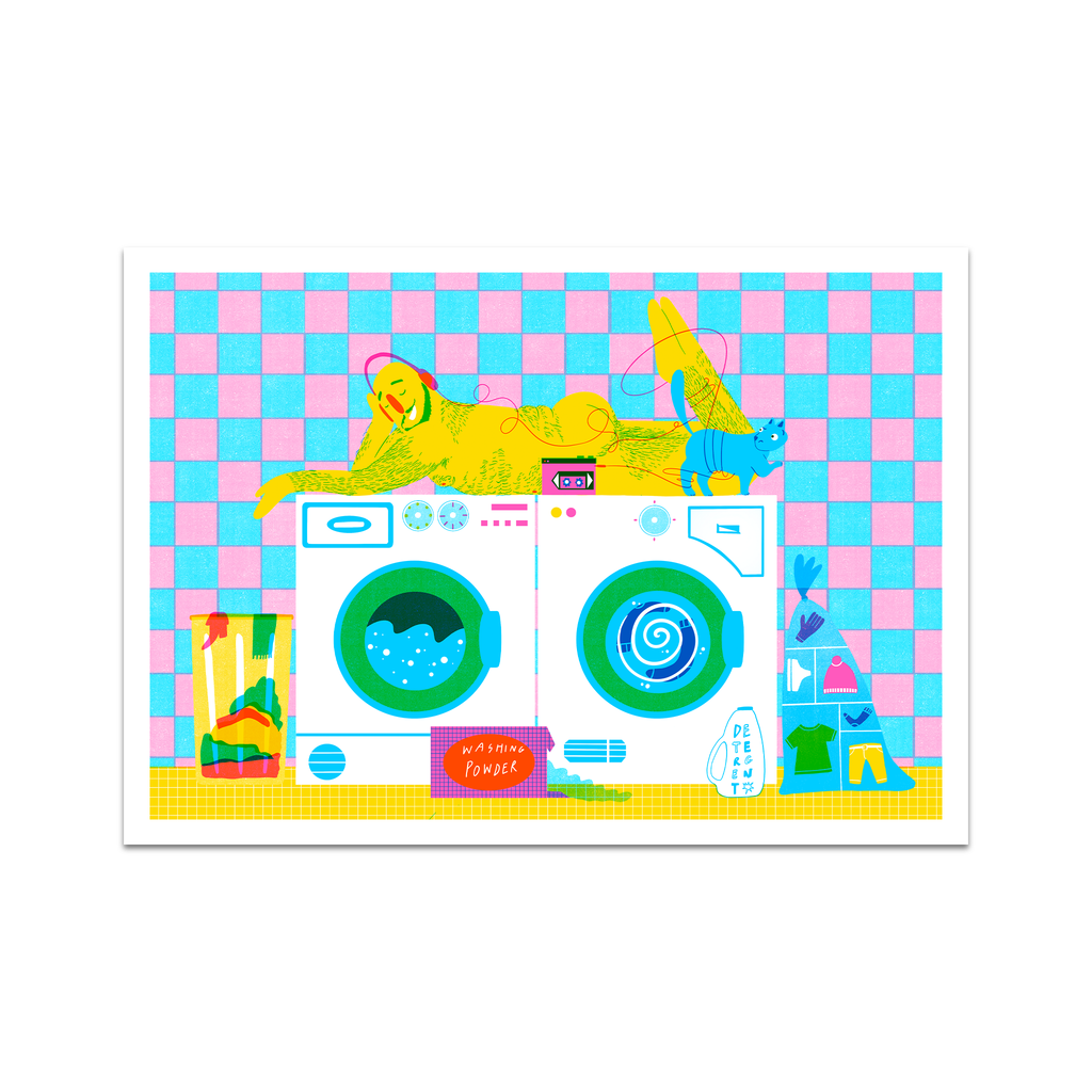 Colorful illustration of a washing machine with a hairy man listening to walkman and a cat tangled up in the cord, on a checkered background.