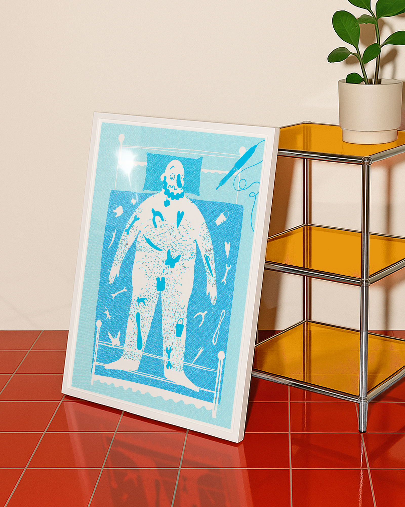 Framed artwork mock up of a risograph print detailing the classic game operation in aqua blue.