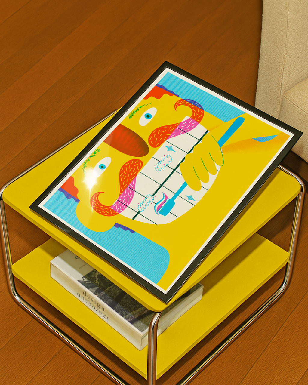 Yellow side table with a colorful risograph print on top detailing illustrated man brushing teeth.