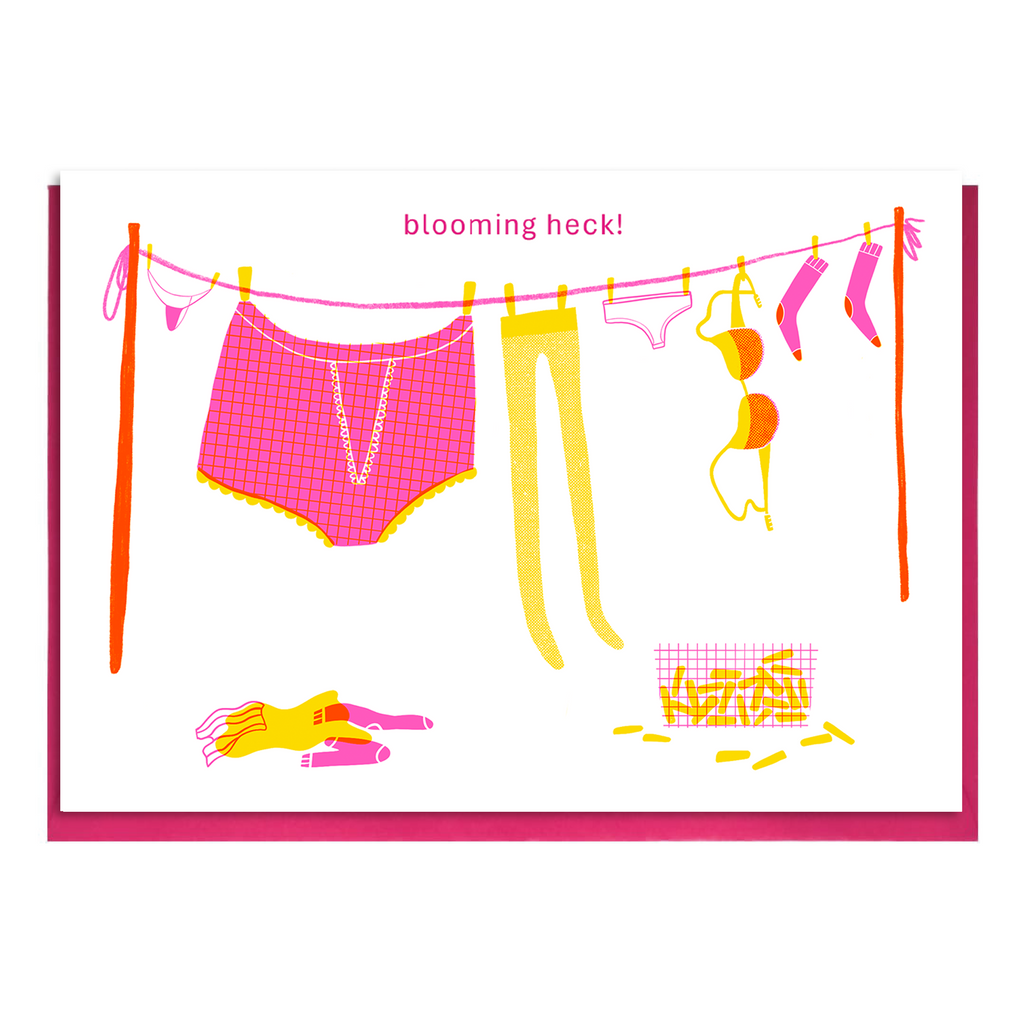 Greeting card with colorful illustrations of underwear and a big pair of pants and laundry on a clothesline with pink envelope with text 'blooming heck!'