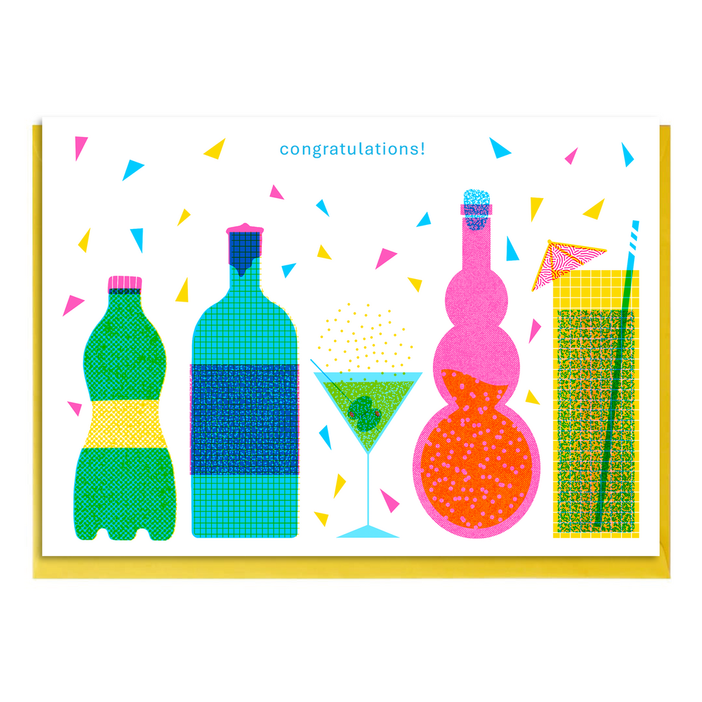Colorful illustrated greeting card of bottles, cocktails and spirits with 'congratulations!' text with a canary yellow envelope.