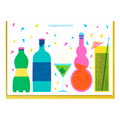 Colorful illustrated greeting card of bottles, cocktails and spirits with 'congratulations!' text with a canary yellow envelope.