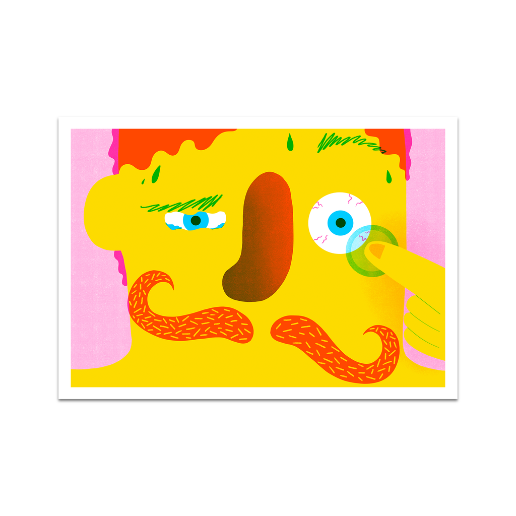 Colourful risograph print artwork, close up of moustache man putting in contact lenses, 3 colour risograph art.