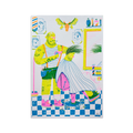 Hand printed screen print artwork A3 detailing a tattooed man blow drying customers hair after a haircut in a barbershop, in colourful tones.