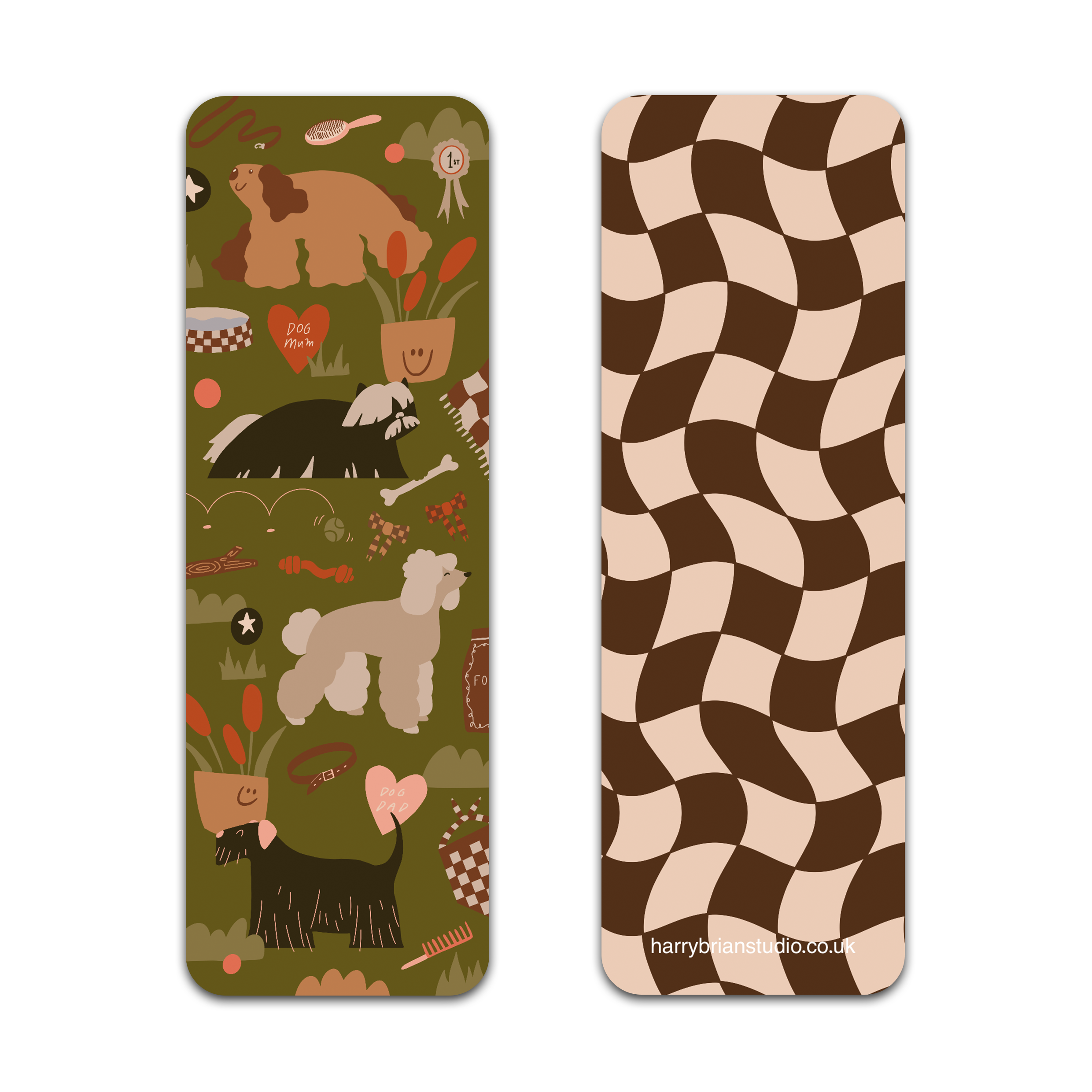 Dog-themed bookmarks with rounded edges, dog walking icons, on the reverse, a beige and brown wave grid pattern.