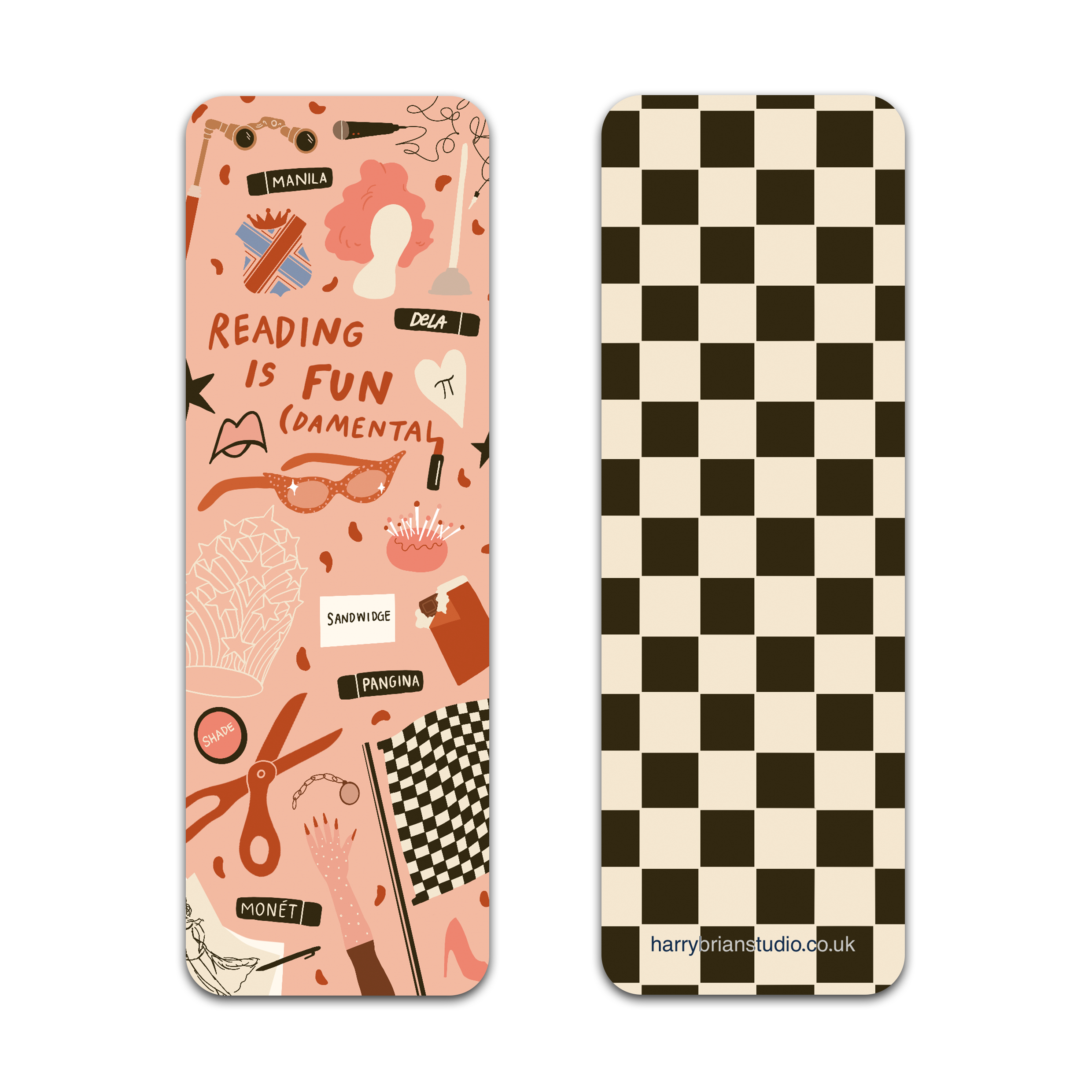 Bookmark with 'Reading is Fundamental' design on one side and racing flag design, checkered pattern on the other. RuPaul's Drag Race reference.