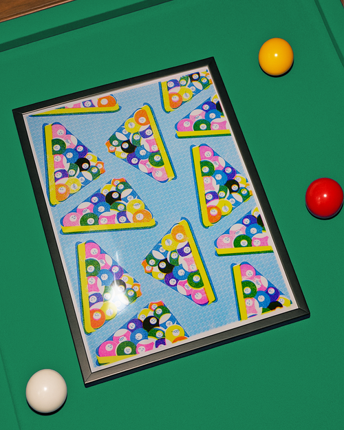 Frame screen print artwork mock up, detailing a print of snooker balls in triangle in a frame, on top of a green pool table.