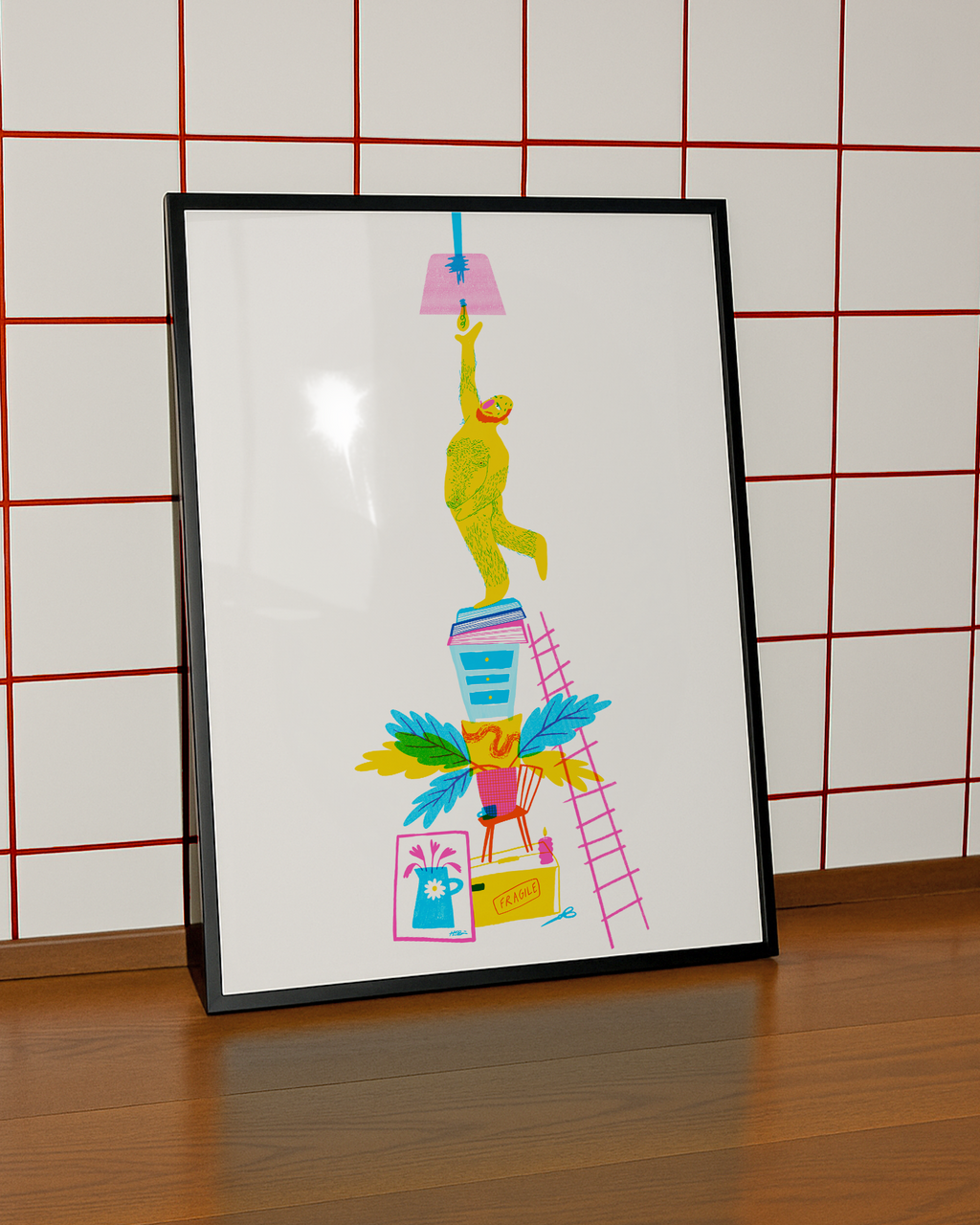 Framed mock up image of colorful risograph print artwork of a man on a ladder changing a lightbulb, standing on a big pile of furniture to reach.