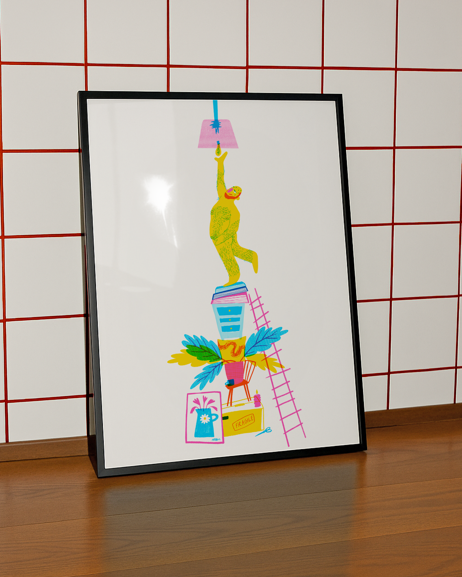 Framed mock up image of colorful risograph print artwork of a man on a ladder changing a lightbulb, standing on a big pile of furniture to reach.