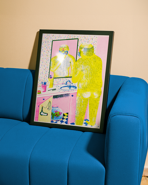 Framed hand printed screen print mock up of naked hairy man shaving his face with his bum on show, and a very displeased fish in his tank under the sink.