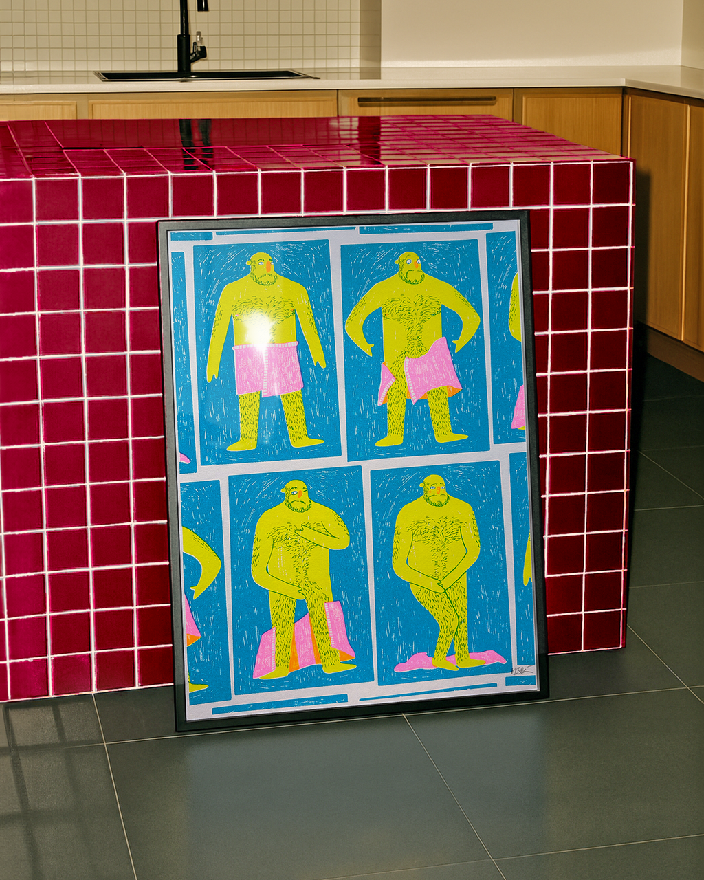 Framed hand printed screen print, artwork mock up photo detailing hairy man dropping his towel.