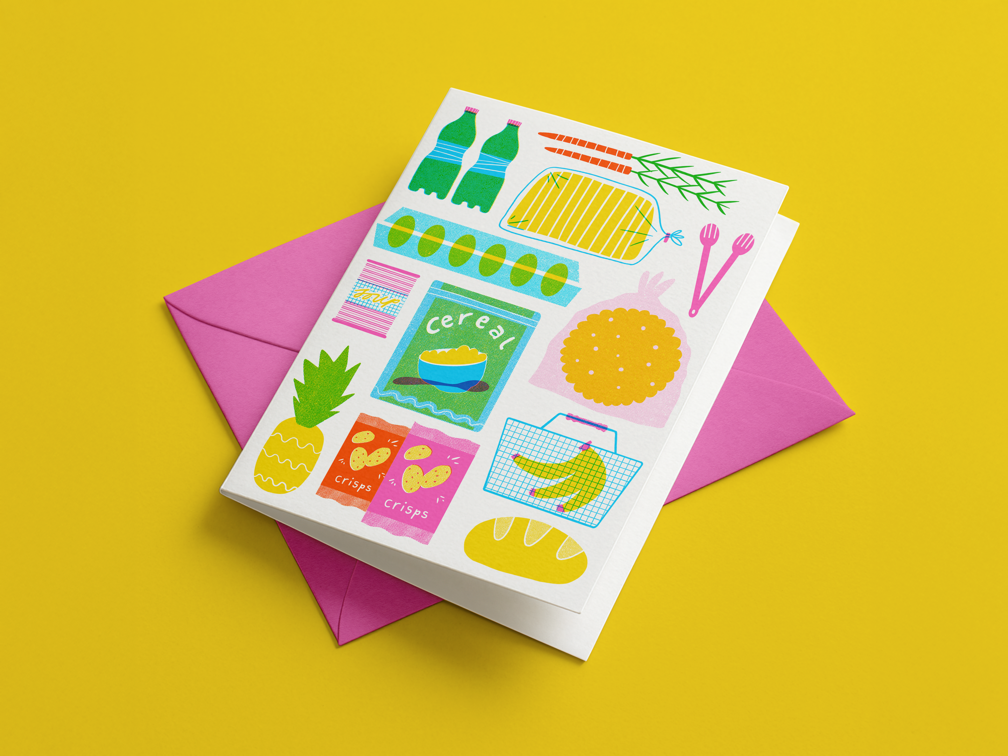 Colorful card with food and grocery illustrations on a yellow background