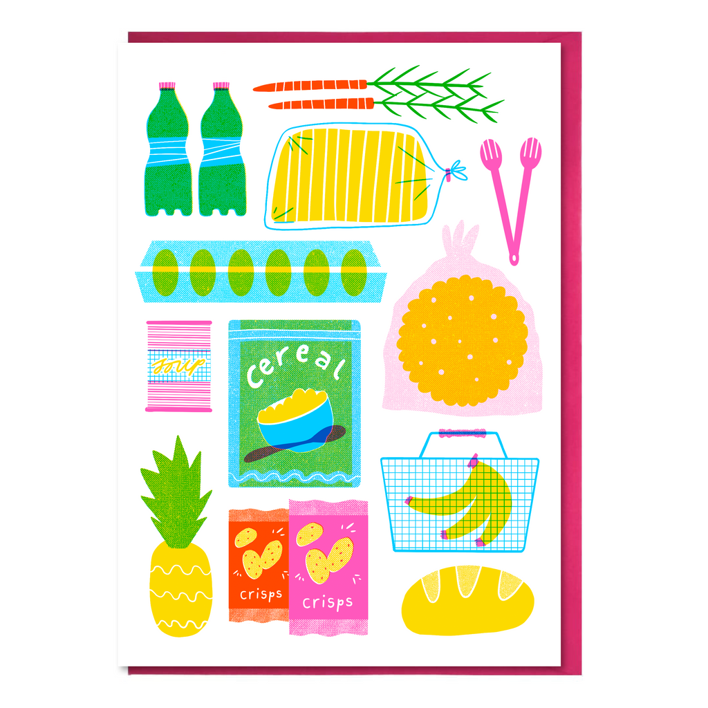 Colorful illustrated greeting card of groceries including bottles, cereal, and fruits with a bright pink envelope.