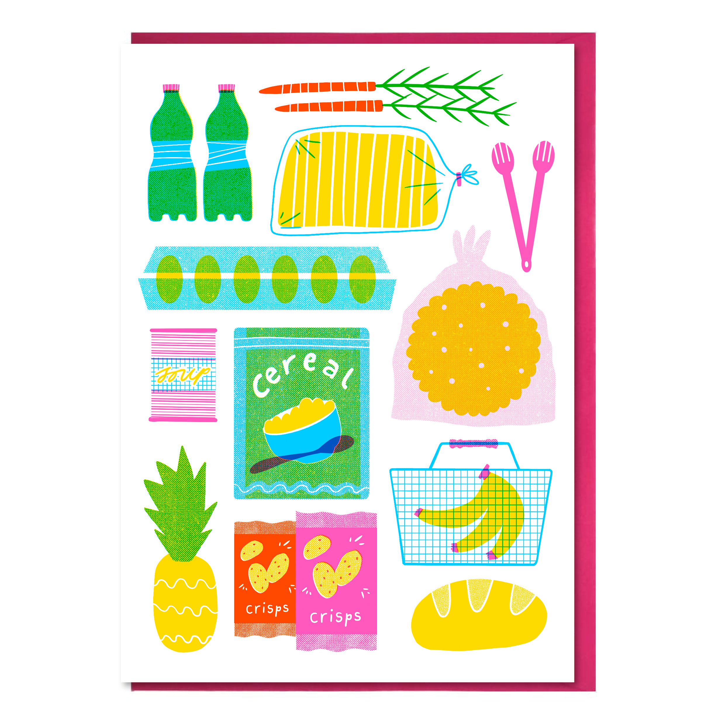 Colorful illustrated greeting card of groceries including bottles, cereal, and fruits with a bright pink envelope.