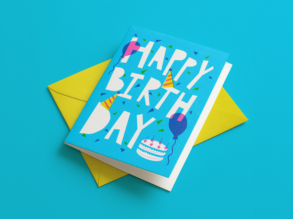 Birthday card with colorful graphics on a blue background