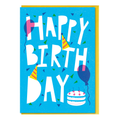 Birthday card with colorful happy birthday text and balloons, confetti, party hats and cake on a blue background.