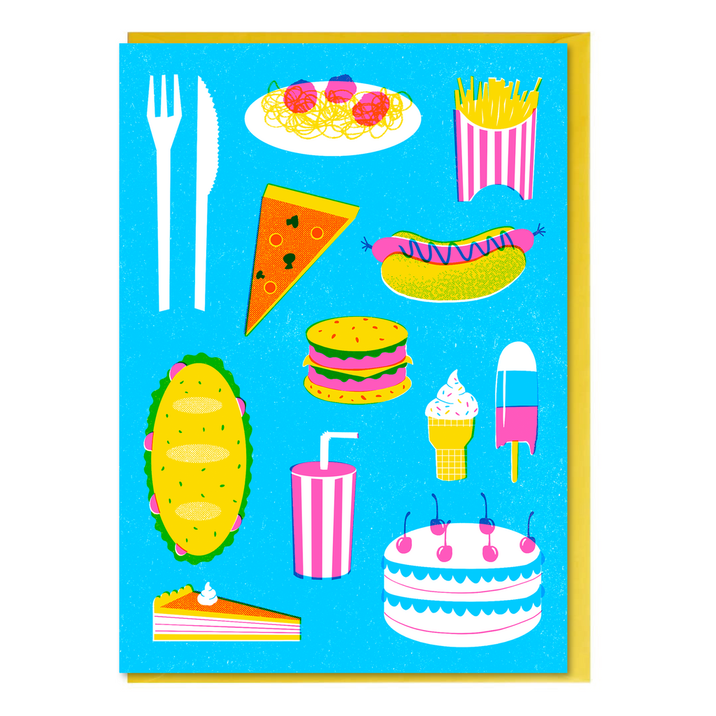 Colorful greeting card with illustrations of junk food and sweet treat items, printed with neon pink spot colours with a canary yellow envelope.