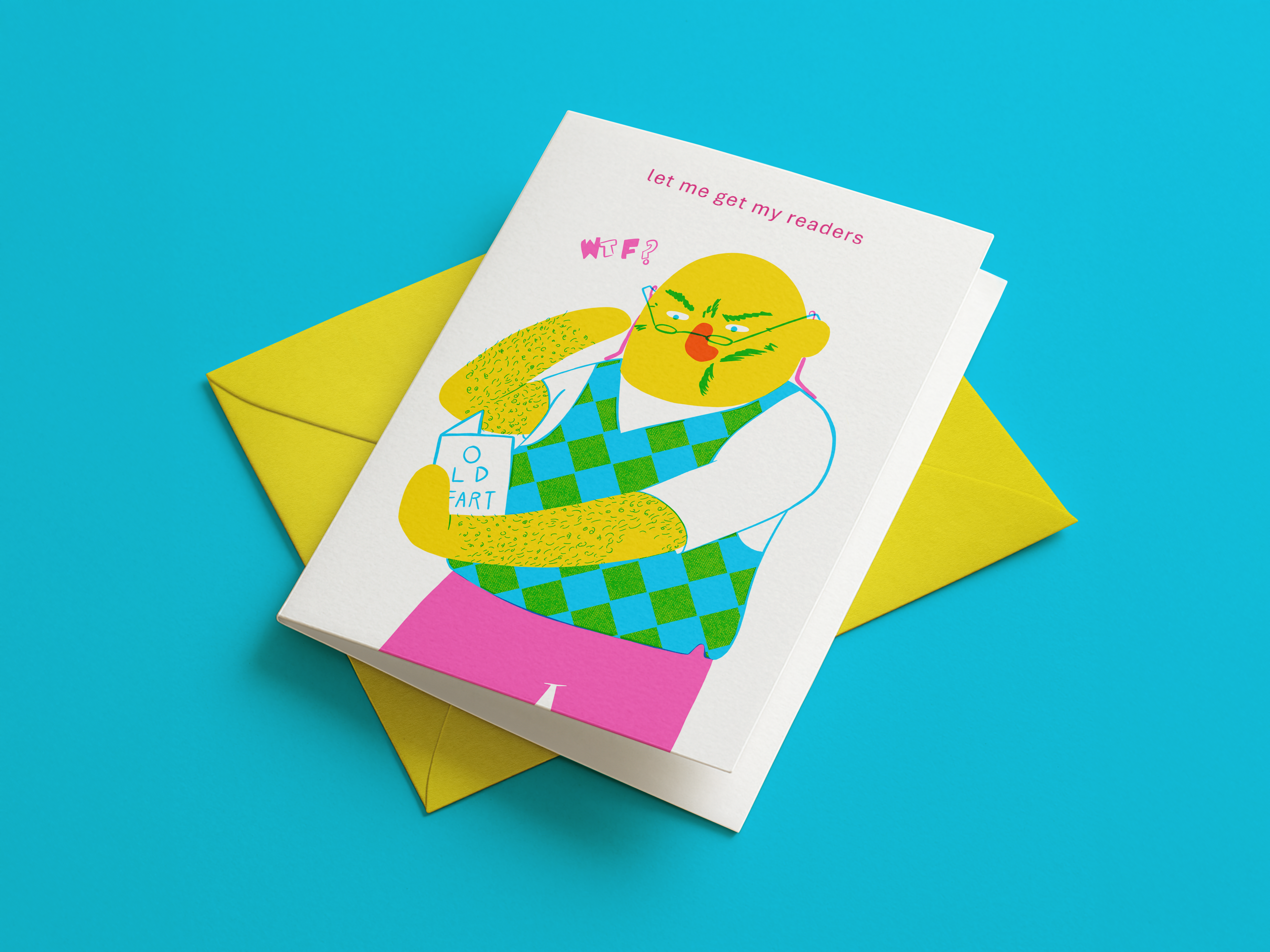 Greeting card with a colorful illustration of a character on a blue background