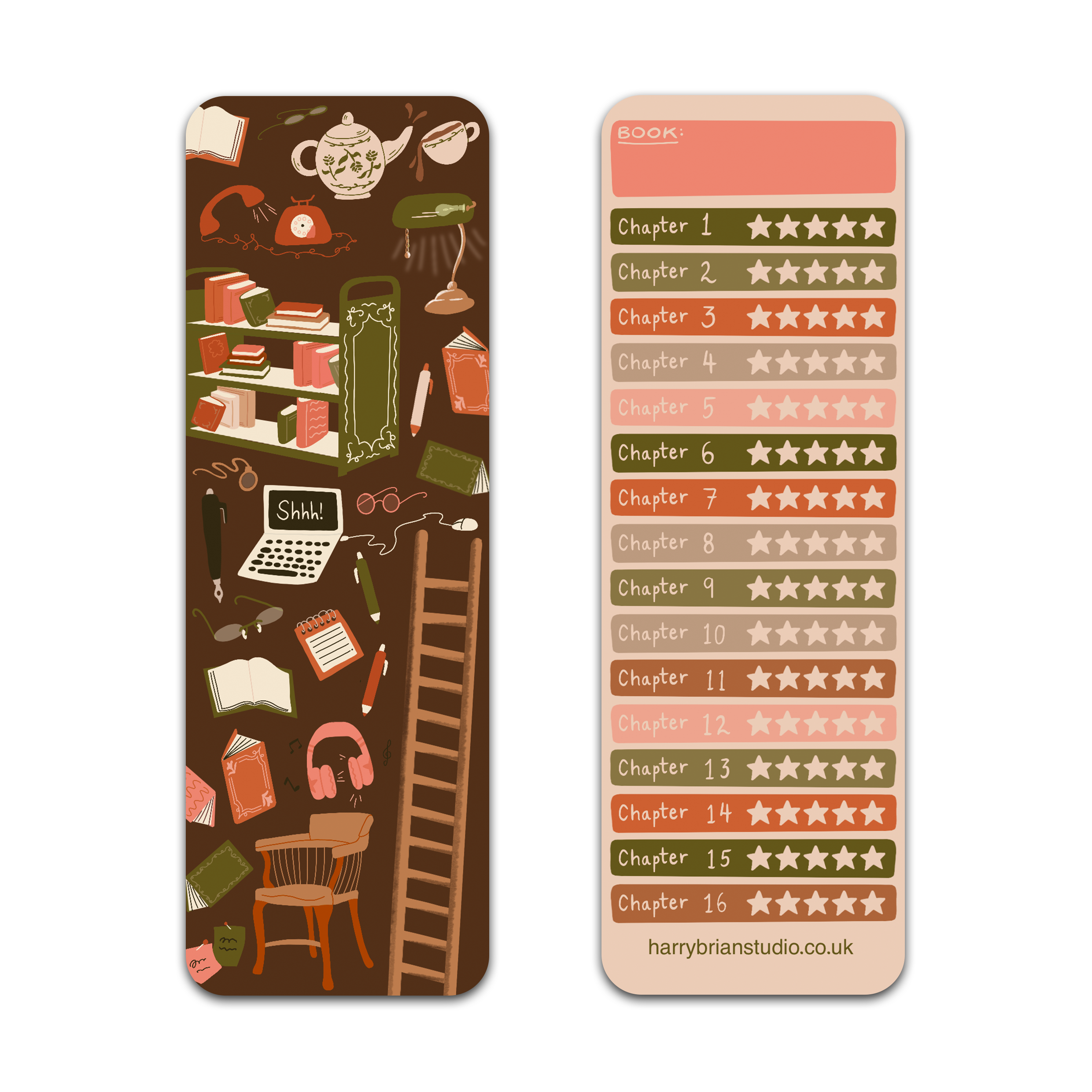 Book-themed bookmark with illustrations and on reverse, page tracker with chapter numbers and star ratings.