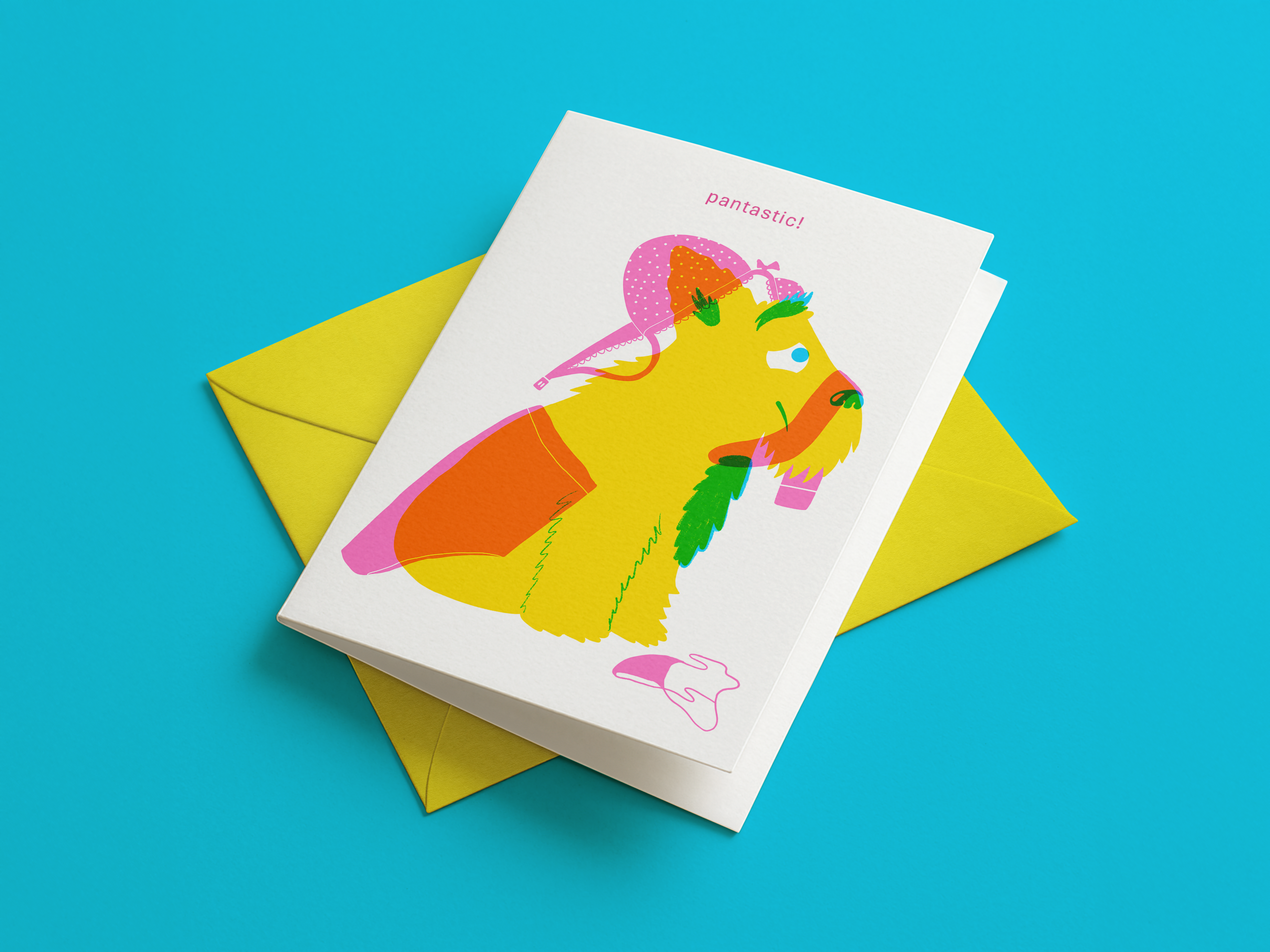 Colorful greeting card with a horse illustration on a blue background