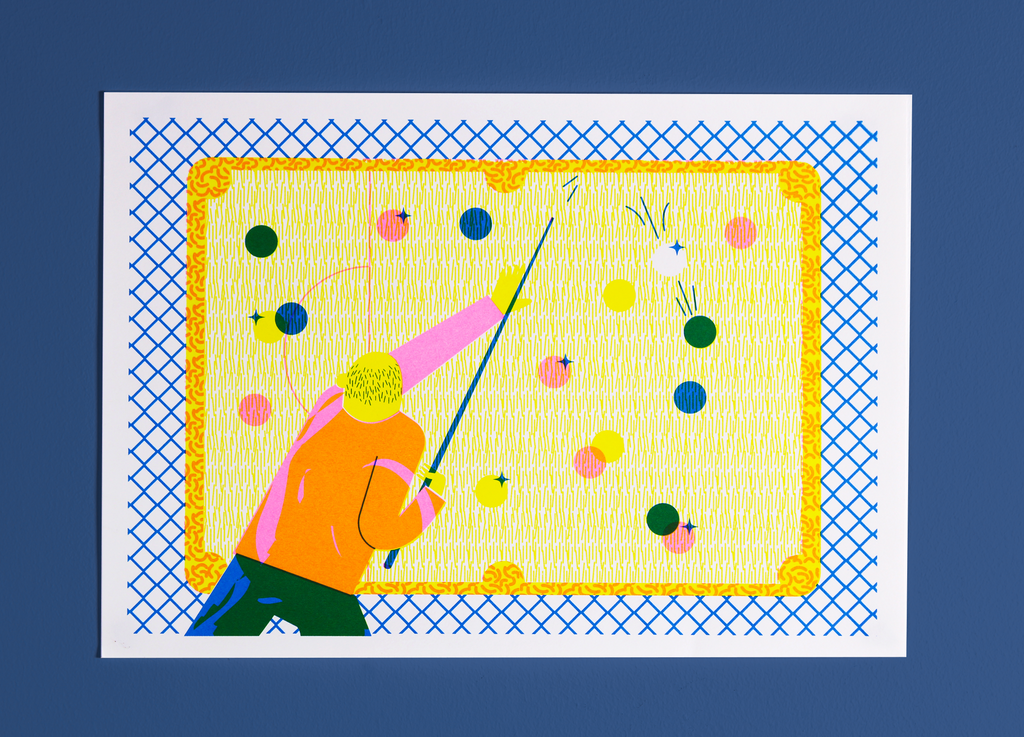 A hand screen printed A4 sized artwork depicting a character playing pool, with a vibrant yellow background and colorful details.