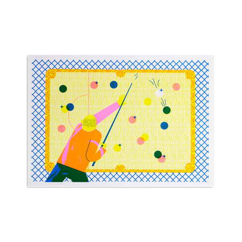 This image features a vibrant and playful A4 hand printed screen print titled 'Potluck'. The artwork depicts a whimsical illustration of a character in a bright orange shirt and green shorts, holding a snooker cue, with a pet fish on the shoulder, all set against a striking yellow background with a blue grid pattern.