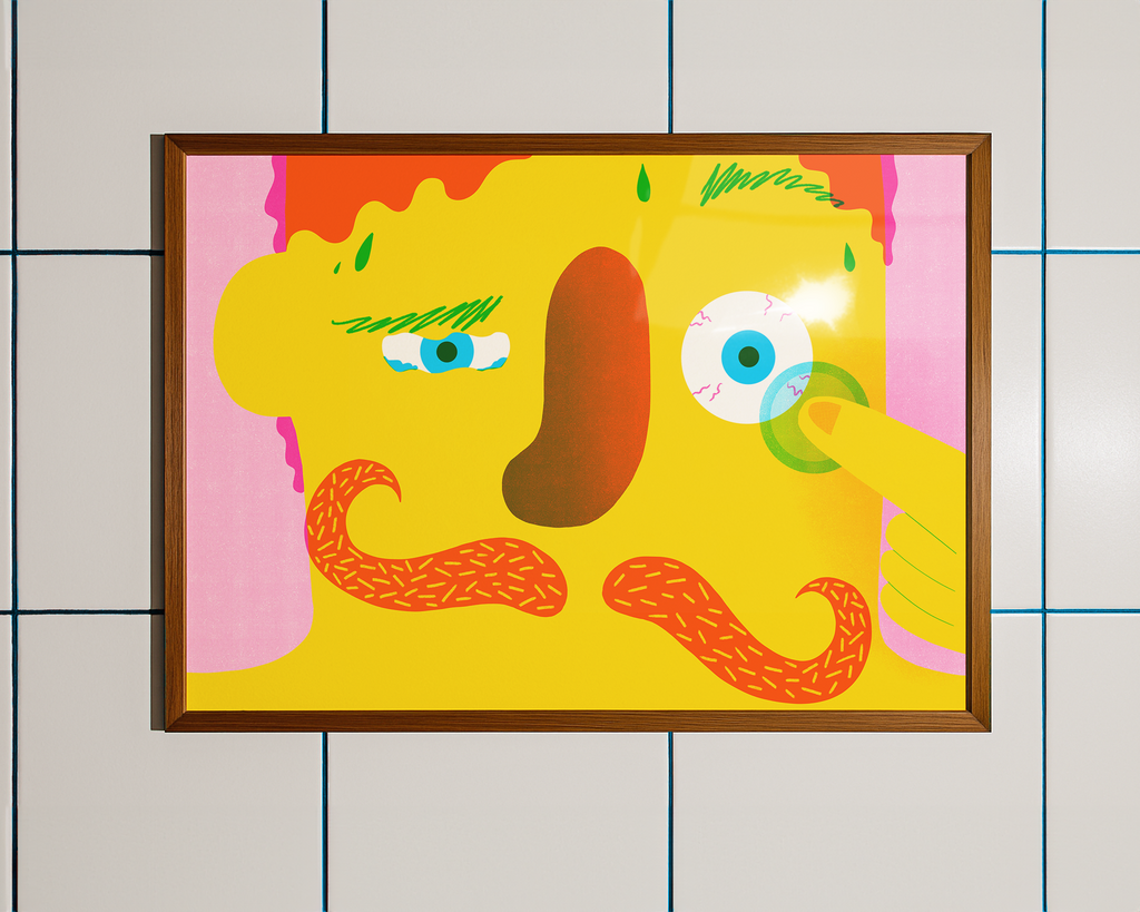 Framed mock up of colourful risograph print artwork, close up of moustache man putting in contact lenses, 3 colour risograph art. 
