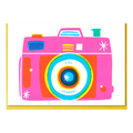 Colorful camera illustrated greeting card with 'say cheese!' text on a white background, bright pink spot colour camera, paired with camera flashes, just like the paparazzi.