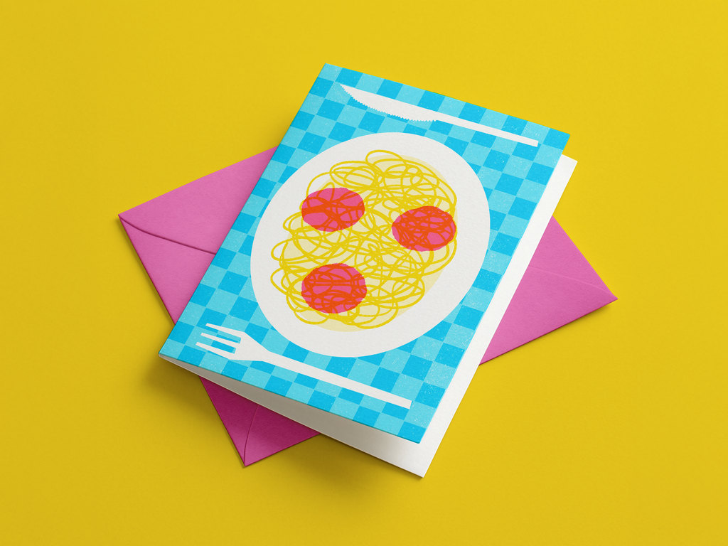 Greeting card with spaghetti design on a yellow background