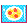 Colourful illustrated greeting card of spaghetti and meatballs on a white plate with a blue checkered placemat, along with cutlery.