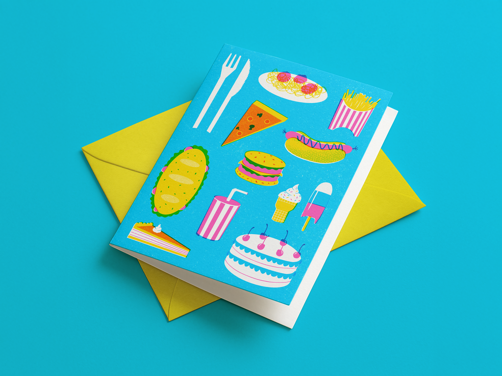 Greeting card with food illustrations on a blue background