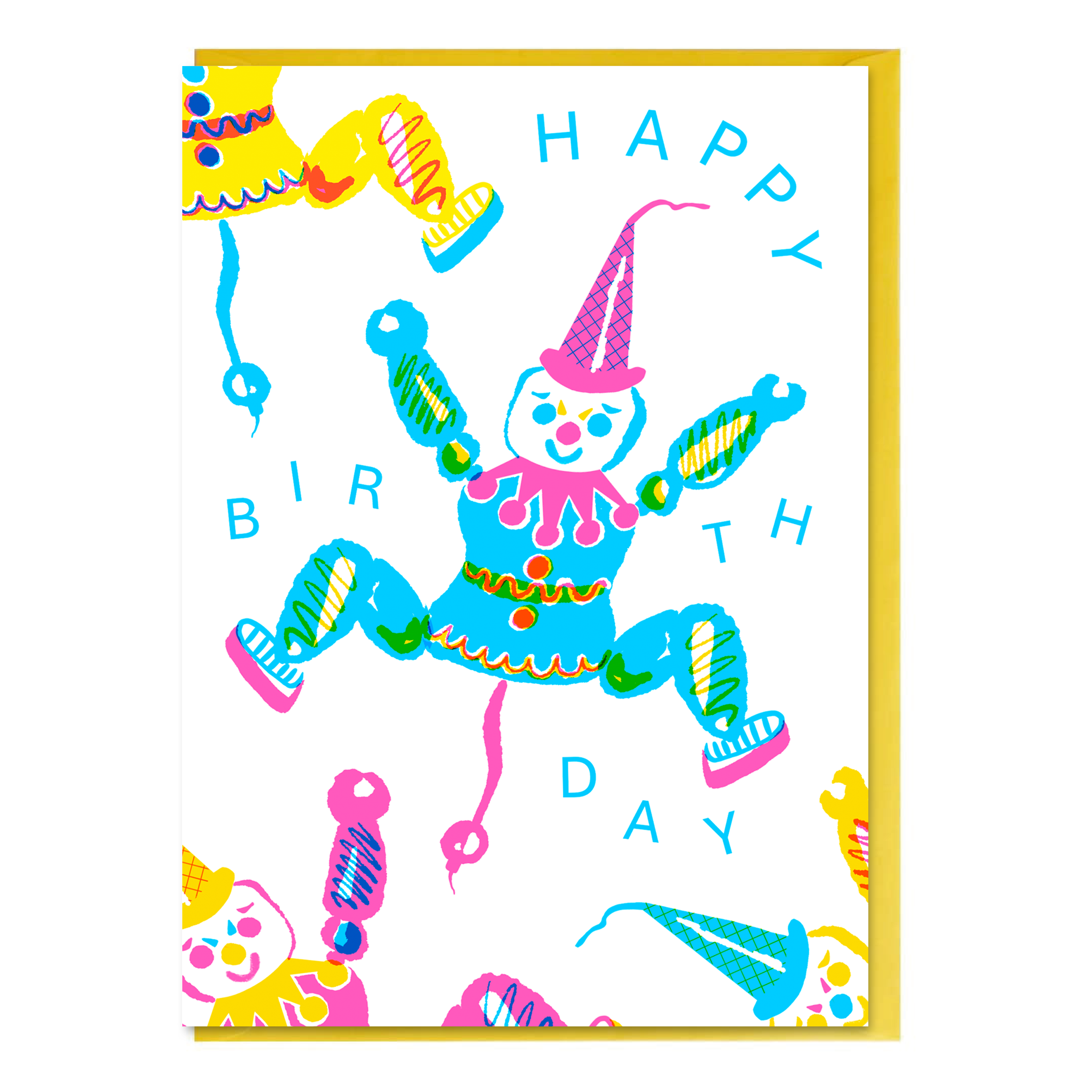 Colorful birthday card with a vintage toy clown puppet on string illustration and 'Happy Birthday' text, with canary yellow envelope.