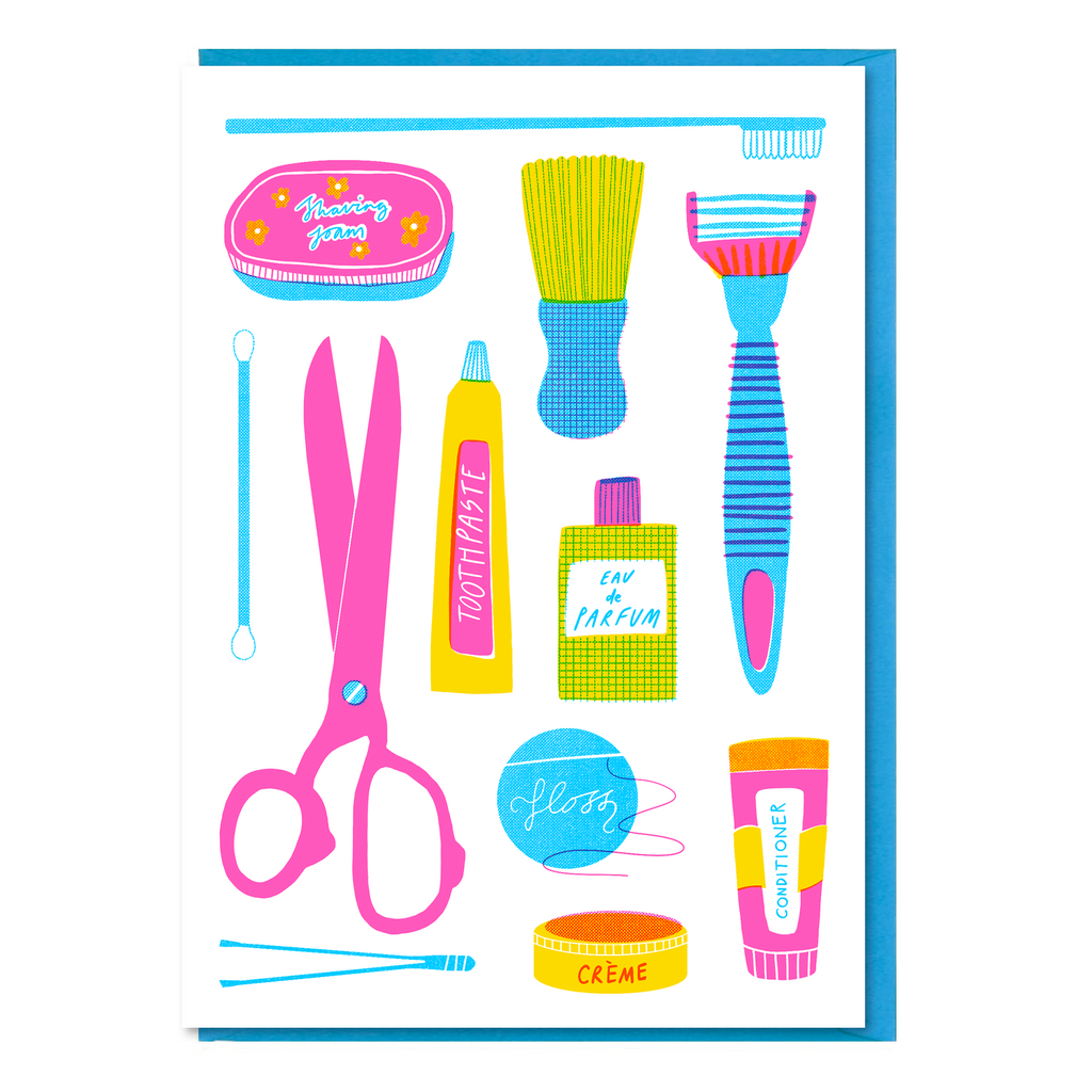 Greeting card with colourful, neon pink spot colour illustration of toiletries, grooming beauty products with bright sky blue envelope.