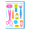 Greeting card with colourful, neon pink spot colour illustration of toiletries, grooming beauty products with bright sky blue envelope.