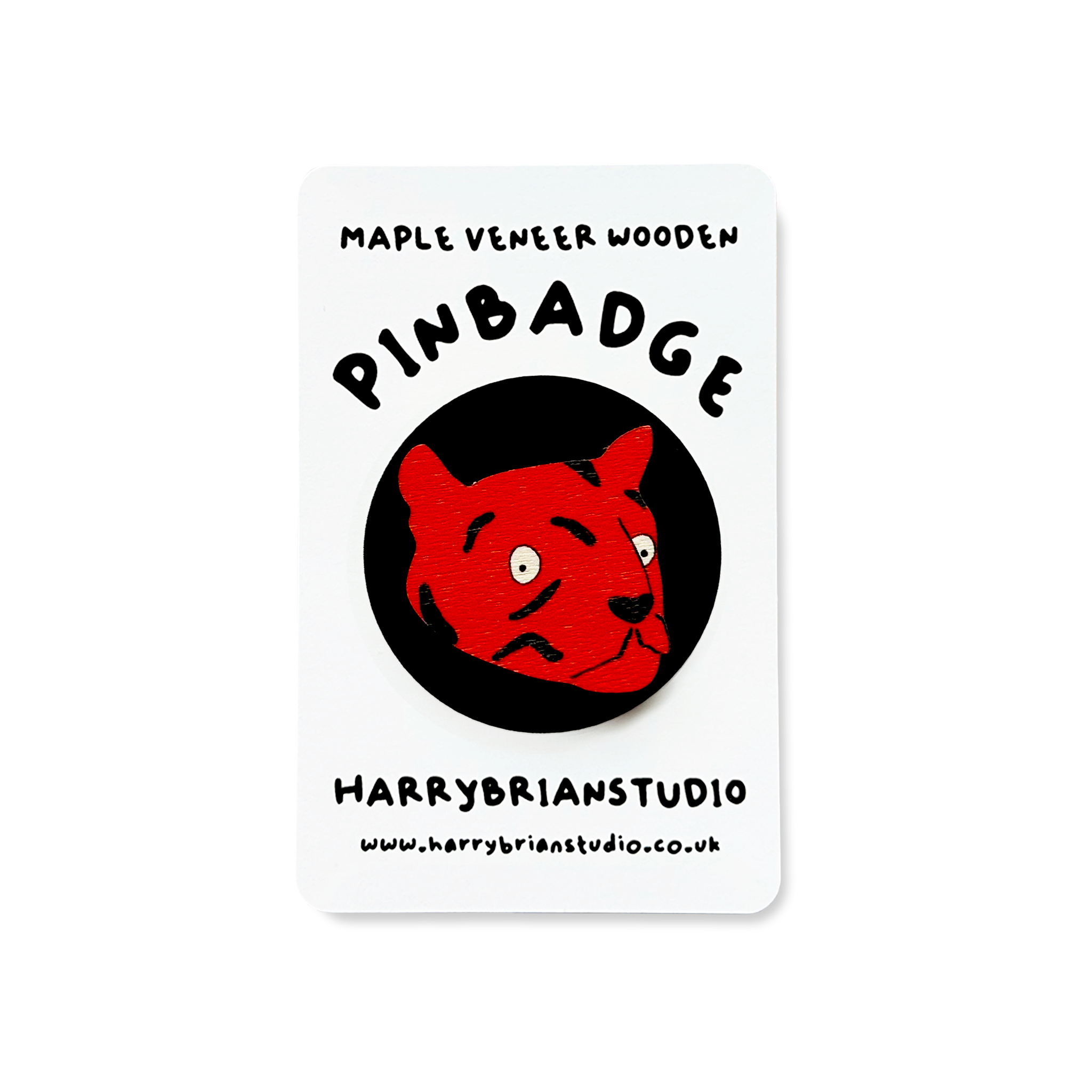 Maple veneer wood pinbadge with a bright, orange tiger face, cut out.